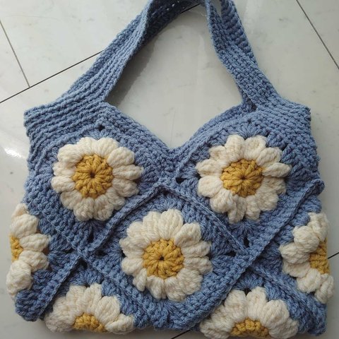 花モチーフ バッグ 春バッグ グラニーバッグ ブルー 編み 手編み 編み物