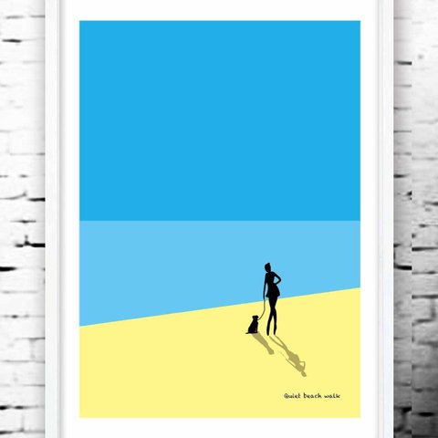 浜辺の散歩　犬　ハーフトーン犬　イラスト　ポスター  A4　A3　A2  A1 　アートポスター　全作オリジナル　（　アート　sei（新着順）検索）結婚祝い　1399
