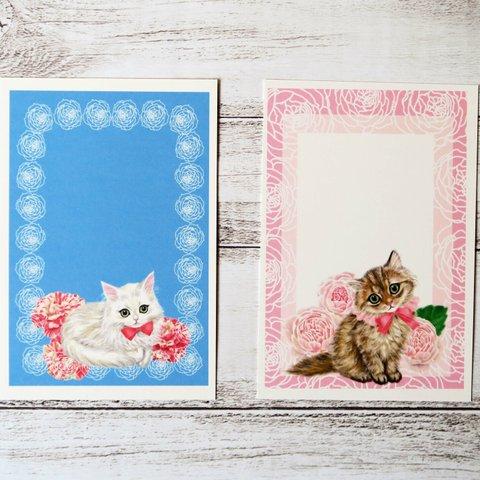 ポストカード2枚組　薔薇とチンチラ猫　ピンクのゴールデンとブルーのシルバー