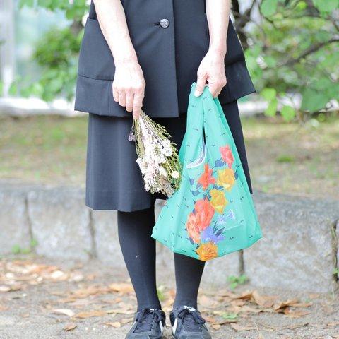シルクオーガンジーのハンドバッグ　花柄ミントグリーン　巾着付き