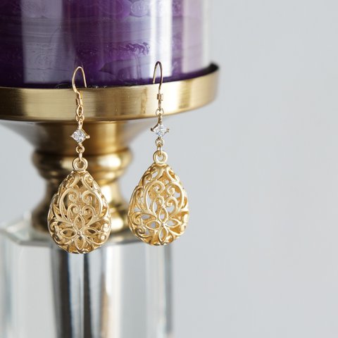 【14KGF】Earrings,Matt Gold Floral Teardrop Filigree