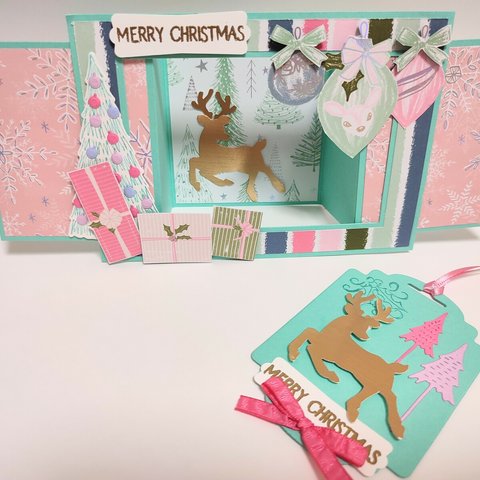 クリスマス 立体カード　「WHIMSICAL TREES」X’masカード  トナカイ　ツリー　キャンドル　stampinup  スタンピンアップ rosecraft