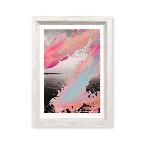 【海の風景】アート - ピンク モノクロ 原画 木製の額縁付き (A-#42)