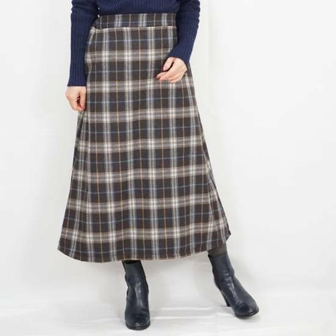 【sale】S〜Mサイズのみ販売日本製Aラインフレアロングスカート　ブラウンチェック