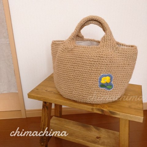 特別価格◎4200円→2100円　おはな刺繍のワッペンがかわいい麻bag（おはなイエロー）