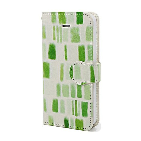 手帳型スマホはめ込み式ケース・ベルト有り　かわいい黄緑や薄緑のタイル柄　tileグリーン　送料無料