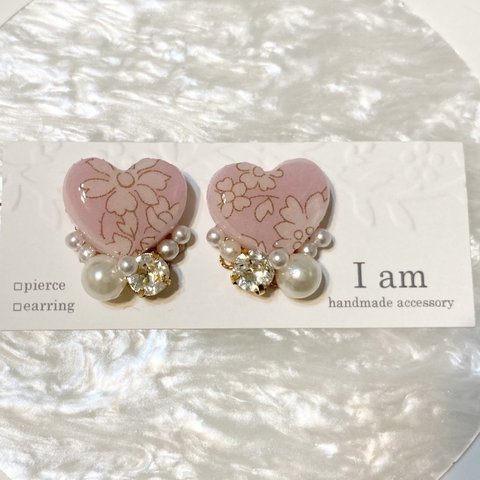 liberty heart リバティとコットンパールとスワロフスキーのピアス/イヤリング ④