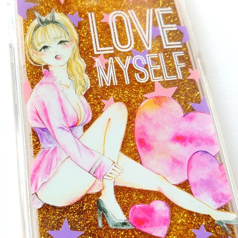 iPhoneグリッターケース【Love myself】ゴールド