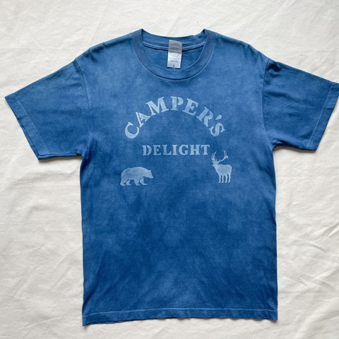 送料無料　藍染Tシャツ CAMPER'S DELIGHT　星　キャンプ　BBQ キャンパーの喜び　絞り染め　鹿　熊