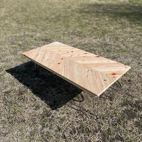 【二つ折り】折りたたみ ヘリンボーン ローテーブル【桧無垢・節有】