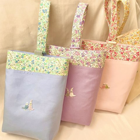 インコ刺繍🪡上履き入れ  全4柄色(水色•紫•ベージュ•ピンク)入園入学　上履き袋　【名入れ刺繍可能作品】