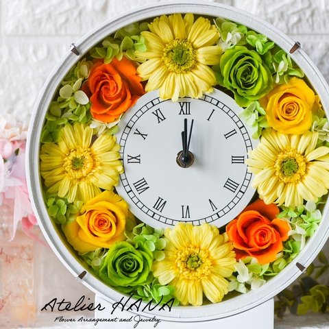 母の日やウェディングギフトに最適❤︎ビタミンカラーの薔薇とガーベラが印象的な 花時計＊ オレンジ・黄色・黄緑✨結婚・出産・新築・誕生日・両親贈呈品にも✨