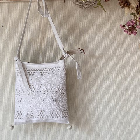 3WAY*whiteworkフランスアンティーク*大きなスマホショルダー*手刺繍*ポシェット*サコッシュ