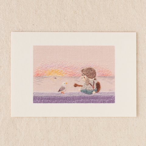 14．刺繍イラスト　ポストカード　『また明日』