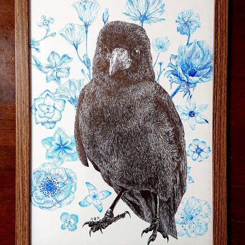 原画「カラスと青い花」