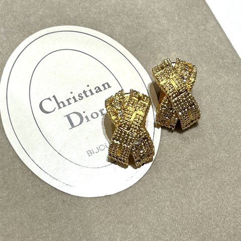 0981 90sVINTAGE  Christian Dior GD クロスラインストーンイヤリング クリスチャンディオールレディディオールヴィンテージ  アンティーク  アクセサリー結婚式ブライダル