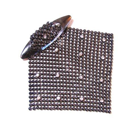 50s Vintage Black Metal Mesh × Rhinestone Design Brooch