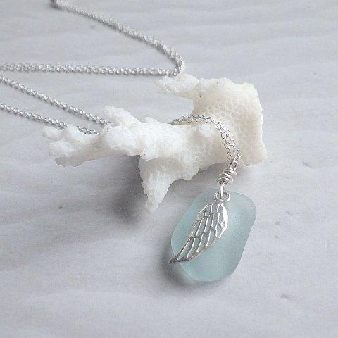 Angel Wing Seaglass Necklace*sv925*