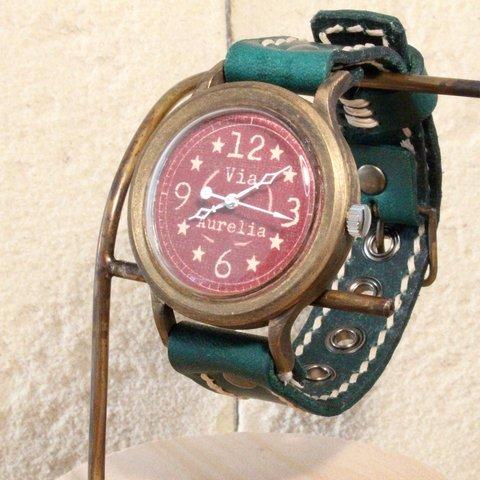 手作り腕時計　Via Aurelia(フルRed☆&Green)  --- アンティークでシンプルな男性、女性兼用腕時計。ベルトは牛革を使用。