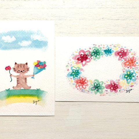🐈透明水彩画「花束いっぱいの幸せ カラフルお花のリース」 イラストポストカード2枚セット ねこ　ネコ　猫　花　メッセージカード🌸