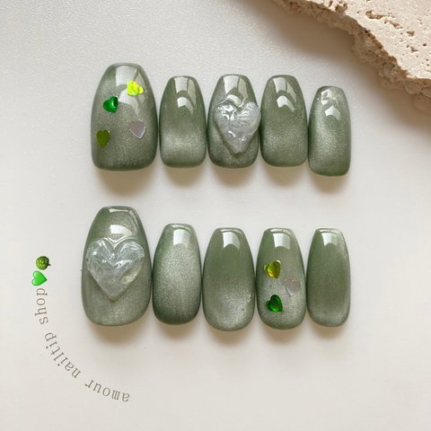 うるぷる緑ネイルチップ💚　グリーン　ハート　マグネットネイル　春夏　推しカラー