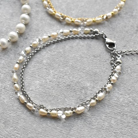 【シルバー】pearl two-line bracelet