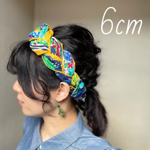 幅6cm 花柄ストライプ　リバーシブル　三つ編みヘアバンド 綿麻　大人用