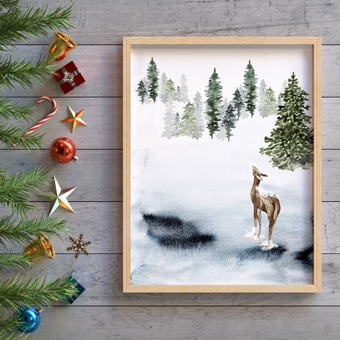 ポスター　森の冬景色　鹿 / i0363 / 冬の森　雪景色が広がる風景　森や山　湖にたたずむ動物