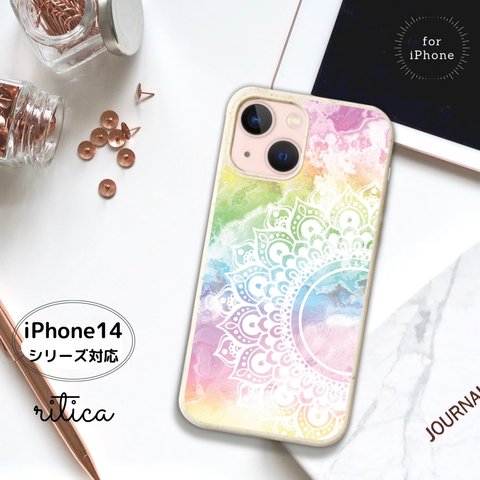 【iPhoneケース】エコスマホケース✳︎パステルなマルチカラーのマンダラアート柄・pastel stone・