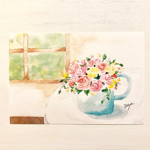 🌹透明水彩画「窓辺のバラ」 イラストポストカード２枚セット　花　ばら　薔薇　花　フラワー　メッセージカード🌹