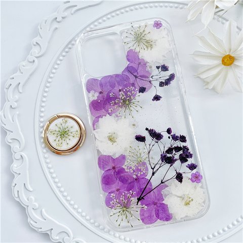 紫陽花 押し花スマホケース iPhone12mini iPhoneSE2 iPhone11 iPhoneXR iPhoneX  iPhone13mini Xperia 10 III 