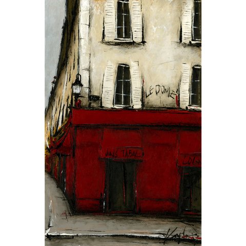 風景画 パリ 油絵「街角の赤いワインバー」