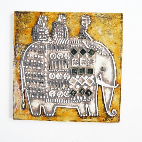 窯傷あり 希少色 リサ・ラーソン（Lisa Larson）UNIKシリーズ陶板 象（Elefant）北欧ヴィンテージ スウェーデン製