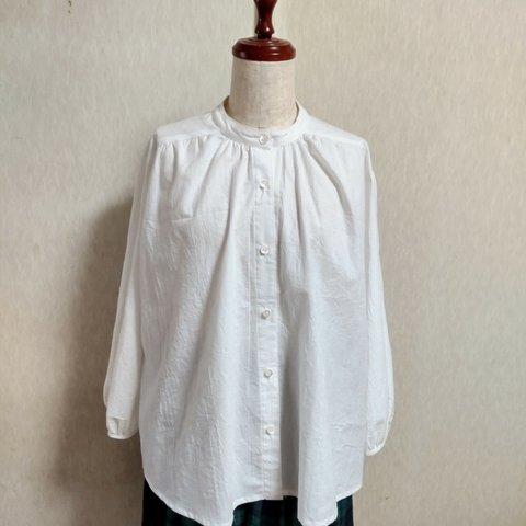 コットンブラウス　スタンドカラー    バンドカラー　綿　ホワイト　白　綿　八分袖シャツ  Lサイズ　11号