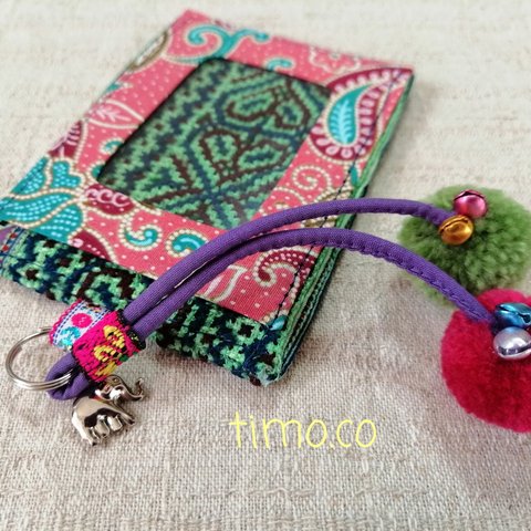 モン族刺繍＆Batikのカード/定期券ホルダー♫ * 1　green/pink