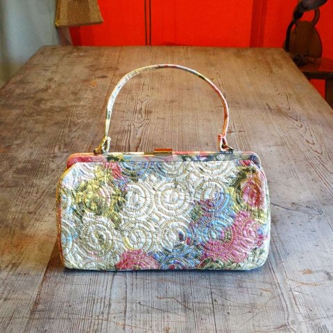 60s USA Vintage flower × gold embroidery handbag