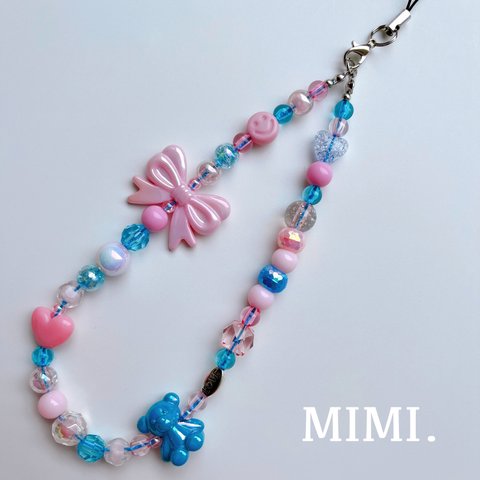 ビーズストラップ🎀🩷スマホストラップ🔵ハンドストラップ🧸LOVEピンク×ブルー¨̮*/MIMI. 