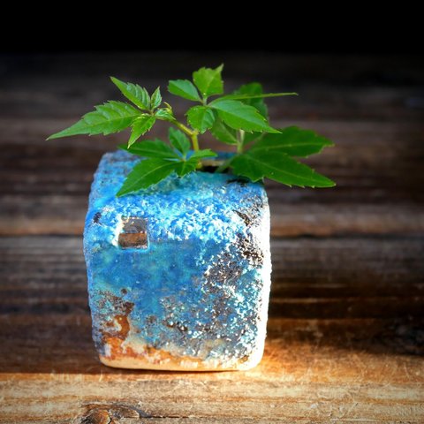 小さな青色小窓サイコロ花瓶 no.2