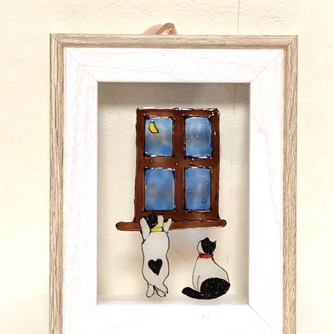 ステンドグラス風絵画　猫と月の見える窓辺