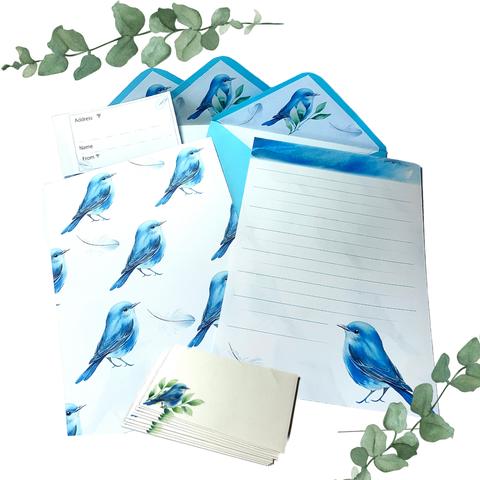  <再販＞♦︎♢レターセット　青い小鳥のお手紙セット　便箋　上質紙90ｋｇ　封筒　宛名シール　メッセージカード付き