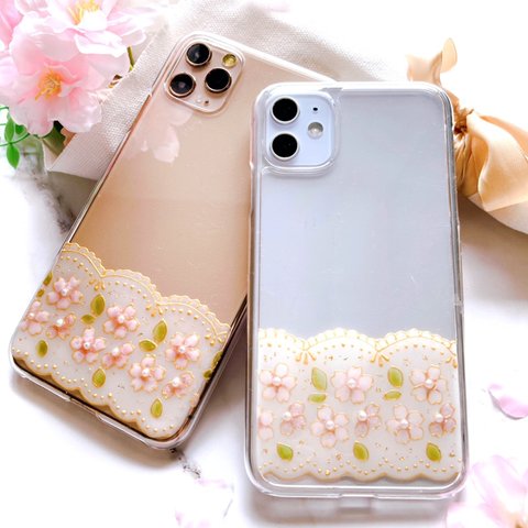 【レース柄】桜×パールのクリアiPhoneケース