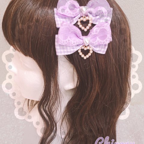 ギンガムパールハート♡ヘアクリップ(ラベンダー) 量産 ロリィタ ゴスロリ メイド コスプレ ハートクラシカル アイドル衣装 紫 むらさき パープル コンカフェ プレゼント ギフト 地雷 ヲタ活 双子