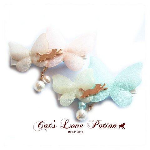 猫 ヘアアクセサリー ふわり蝶 パール ヘアクリップ  Cat's Love Potion 