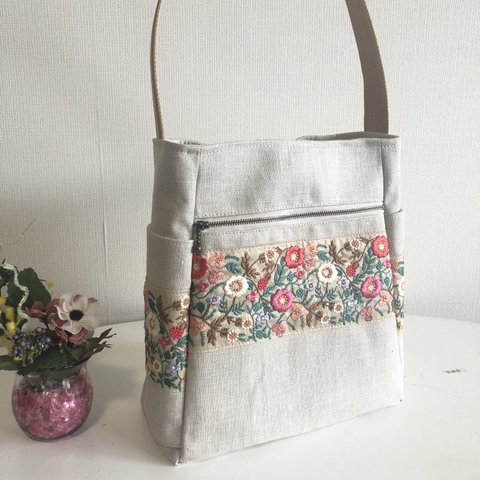 　ワンショルダーバック　　リネン×刺繍リボン　Ⅲ