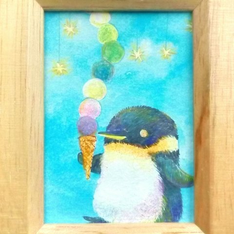 【原画】ペンギンの星アイス(ミニ額付き)　　　　　　