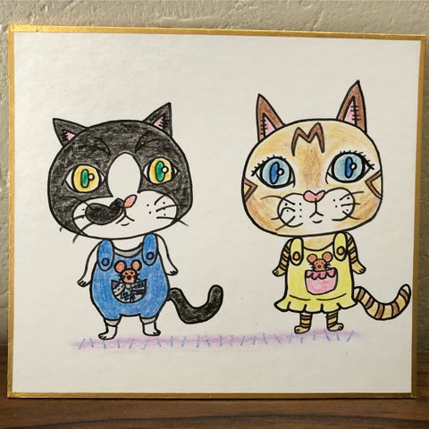【送料無料】 色紙原画「猫の姉弟」