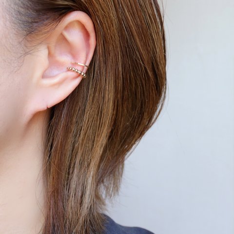 【14kgf】*Simple! stylish! Double ring Earcuff -Gold Beads-