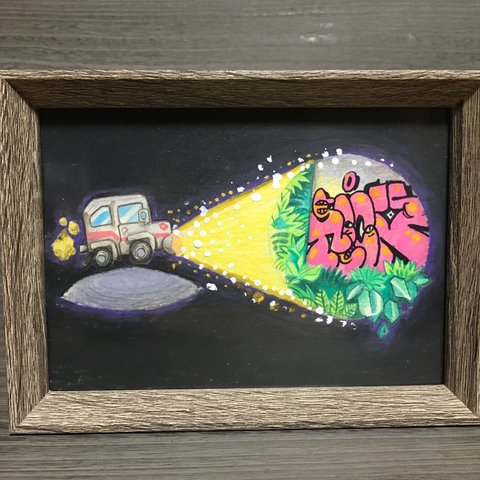 「真夜中のドライブ」色鉛筆、キャンバス