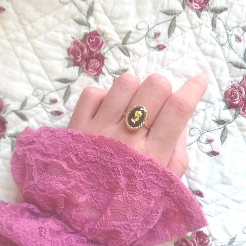 vintage rose ring ヴィンテージローズのオーバルリング C ( ブラック・フリーサイズ)