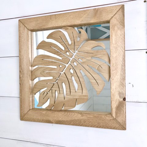 ハワイアンウッドミラー モンステラデザインミラー 壁掛けミラー 木製の鏡 四角 スクエアタイプ 店舗ミラー 南国植物